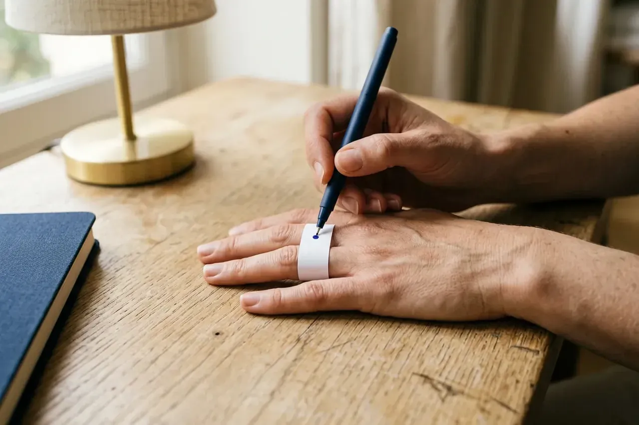 Une bande de papier enroulée autour du doigt, marquée au stylo, pour mesurer sa taille de bague.